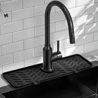 Meiliweser Silicone Faucet Mat for Kitchen Sink – Gen 2 Splash Guard with Upgraded Outlet & Slope – 18” x 5.1” Water Catcher & Sink Sponge Holder for Kitchen and Bathroom (Black)