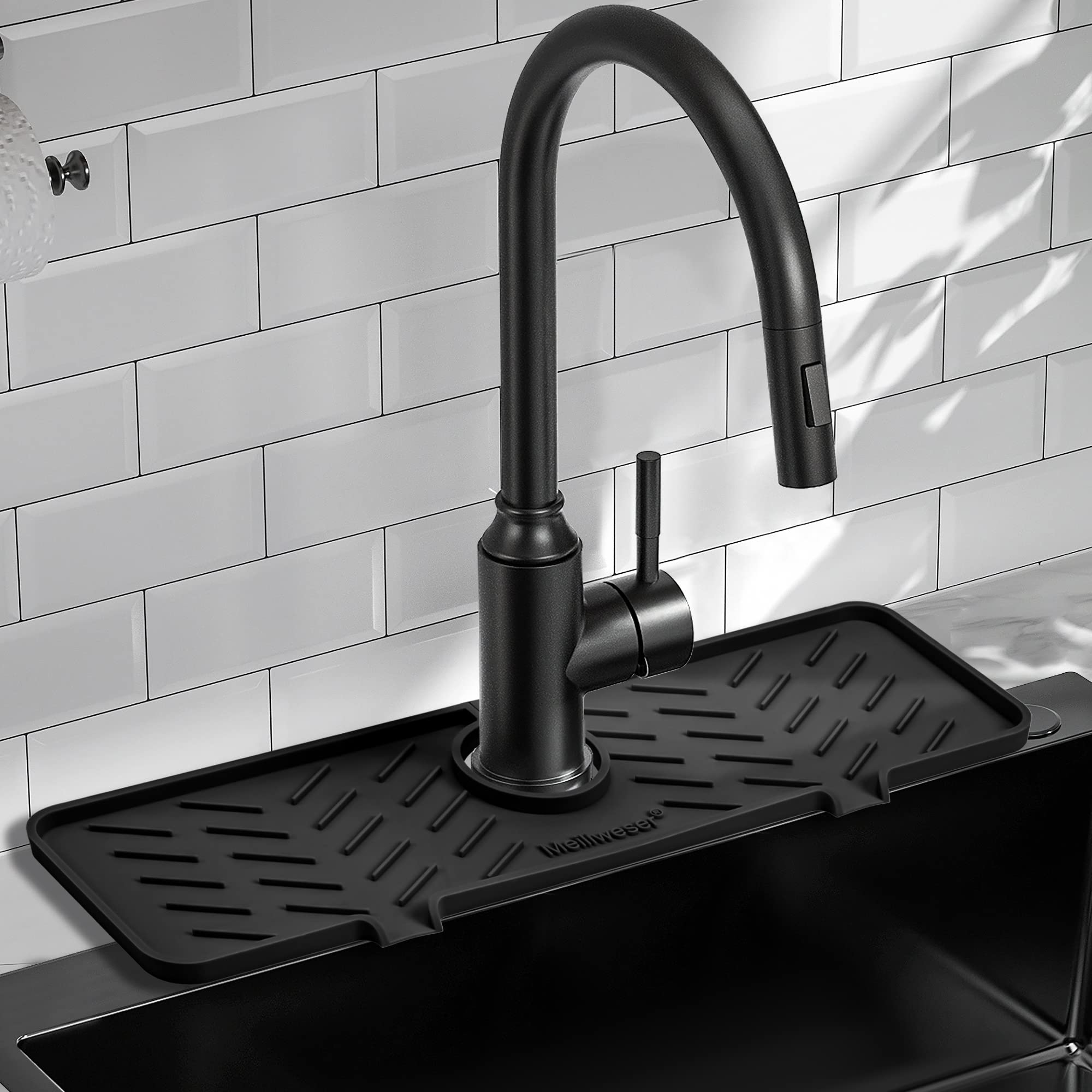 Meiliweser Silicone Faucet Mat for Kitchen Sink – Gen 2 Splash Guard with Upgraded Outlet & Slope – 18” x 5.1” Water Catcher & Sink Sponge Holder for Kitchen and Bathroom (Black)
