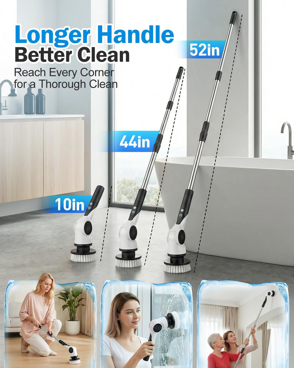 Electric Spin Scrubber, 3-Speed Cordless Shower Scrubber with 90° Adjustable & 10 Replaceable Brush Heads, 90 Mins Runtime & Full-Body IPX7 Waterproof Shower Cleaner Brush with Long Handle