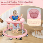 Baby Walker with Wheels, One-Touch Folding Baby Walkers, 7-Speed Height Adjustment with Large Dinner Plate, Anti-Roll 8-Wheel with Brake for 6-18 Months Baby, Full Pink