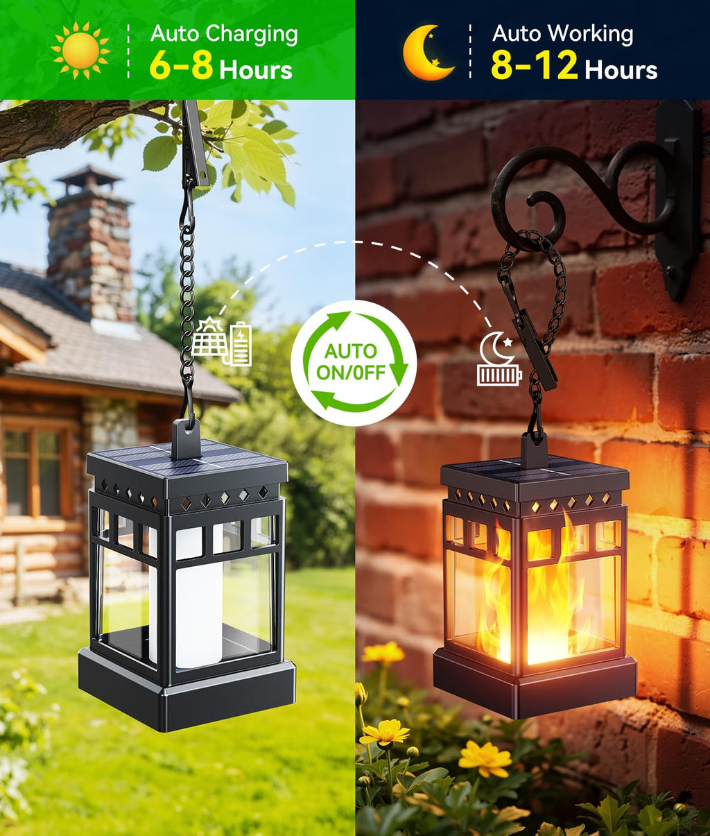 KOOPER Hanging Solar Lanterns Outdoor Waterproof, 4PCS Flickering Flame Hanging Solar Lights for Outside, Outdoor Solar Lanterns up to 12 Hours, Halloween Lanterns Decorative for Patio Yard Garden