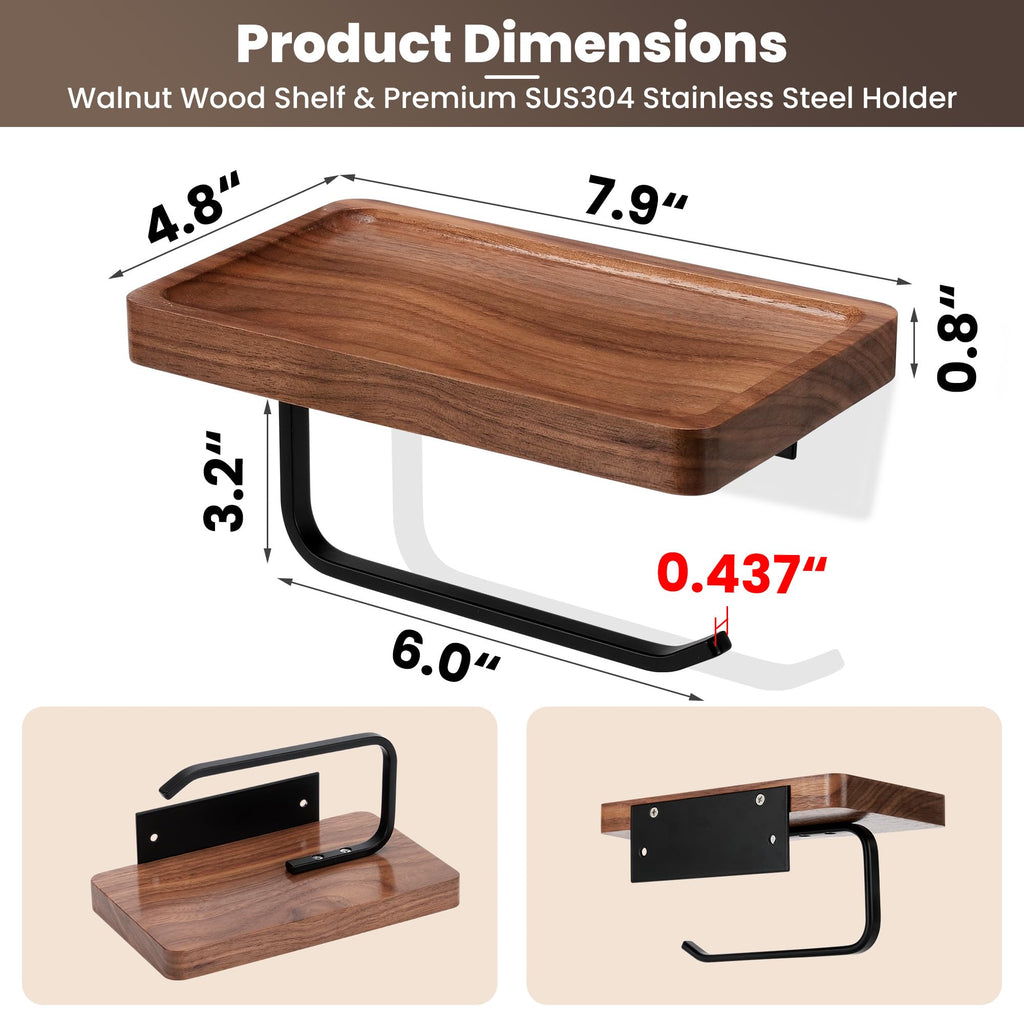 TOKCKYBL Toilet Paper Holder Walnut Wood Shelf - Wall Mount & Self-Adhesive