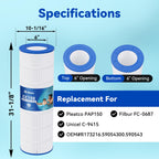 Hiioors CC150 Pool Filter Cartridge, Compatible with Pentair Clean & Clear 150, Replace Pentair R173216, Pleatco PAP150, Unicel C-9415, 150 sq.ft, Heavy Duty 5 oz+ Trilobal Fabric