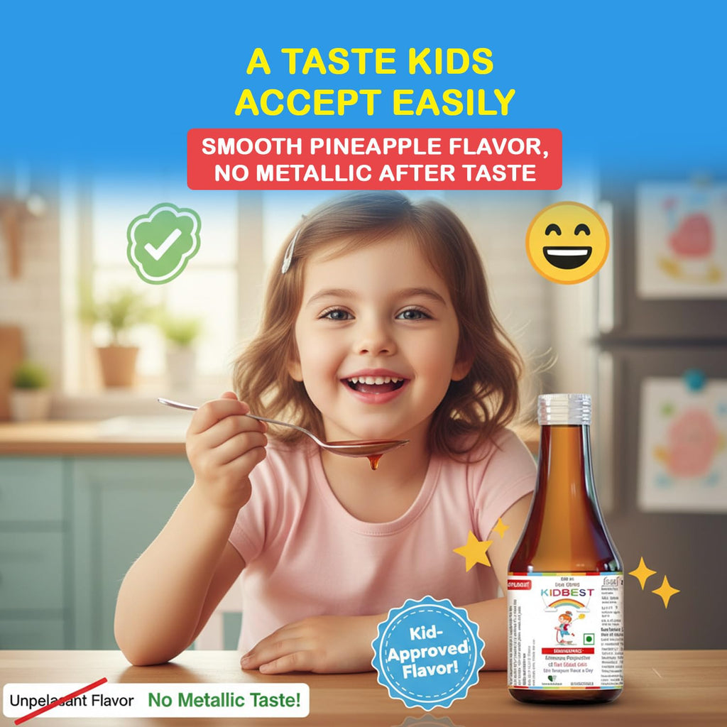 HealthBest Liquid Iron Syrup for Kids – Triple Action with Folic Acid and Zinc – Boosts Hemoglobin, Appetite, and Immunity – No Metallic Taste – 200ml Liquid Supplement, Safe & Effective