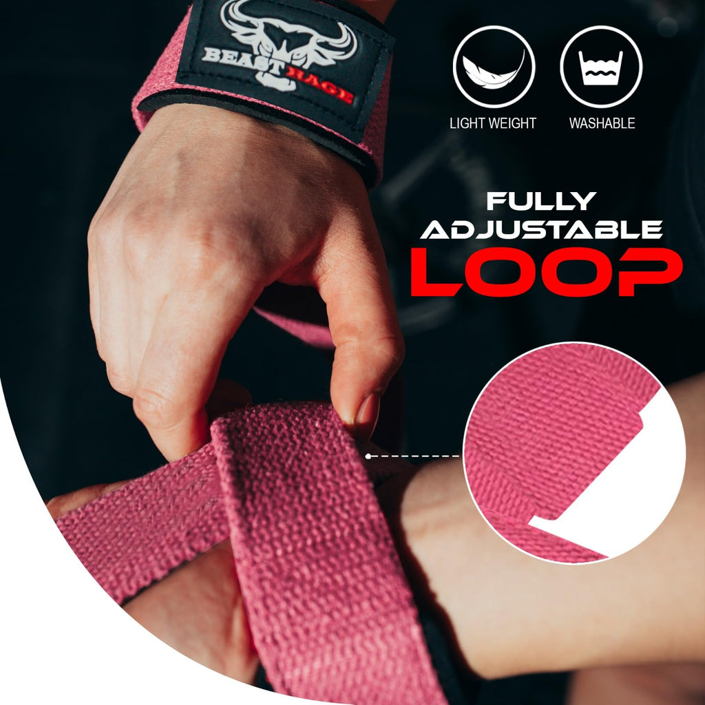 BEAST RAGE Lifting Wrist Straps for Weightlifting, Straps Gym Grip Power Workouts Lifting Straps Padded Cotton Men Women Wrap Lift, Deadlift Bodybuilding Weight Lifting Exercise Straps (Pink)