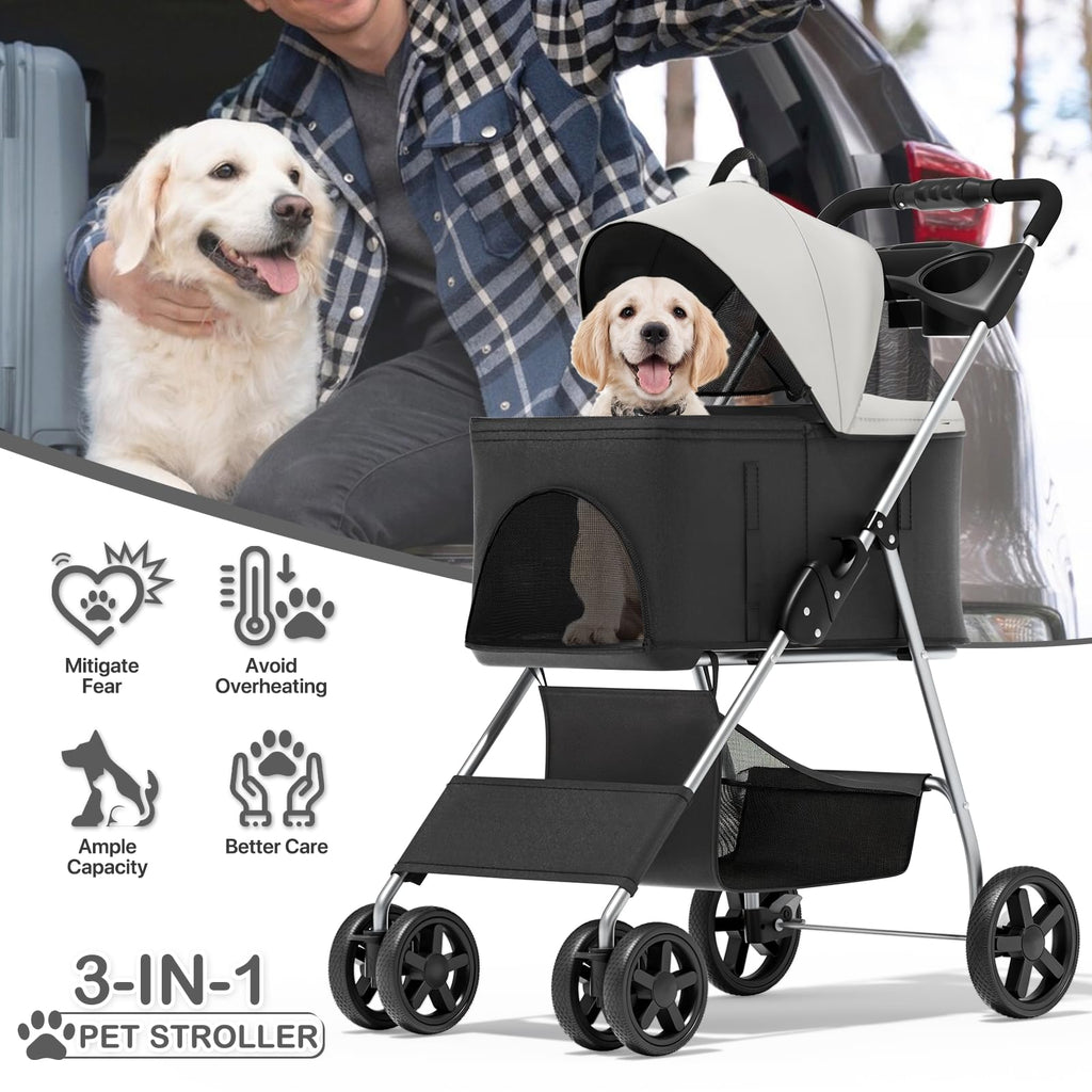 MoNiBloom 3 in 1 Foldable Pet Stroller for Small & Medium Dogs, Detachable Carrier, Car Seat, Push Button Entry, 4-Wheel Jogger for Pets up to 33 lbs, Black