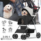 MoNiBloom 3 in 1 Foldable Pet Stroller for Small & Medium Dogs, Detachable Carrier, Car Seat, Push Button Entry, 4-Wheel Jogger for Pets up to 33 lbs, Black