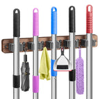 IMILLET Broom Holder Wall Mount, Rustic Wood Broom Hanger with 5 Racks and 4 Hooks, Laundry Room Organization and Storage, Mop Holder for Home Decor, Garden, Garage, Kitchen, Closet