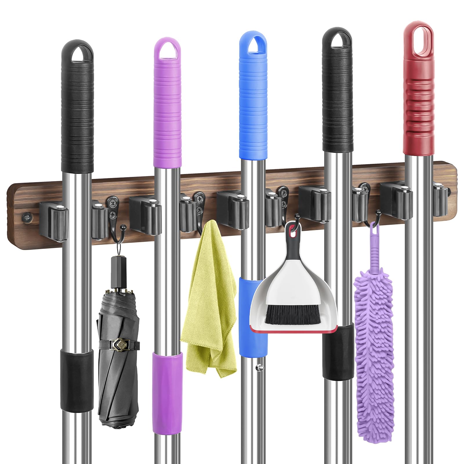 IMILLET Broom Holder Wall Mount, Rustic Wood Broom Hanger with 5 Racks and 4 Hooks, Laundry Room Organization and Storage, Mop Holder for Home Decor, Garden, Garage, Kitchen, Closet