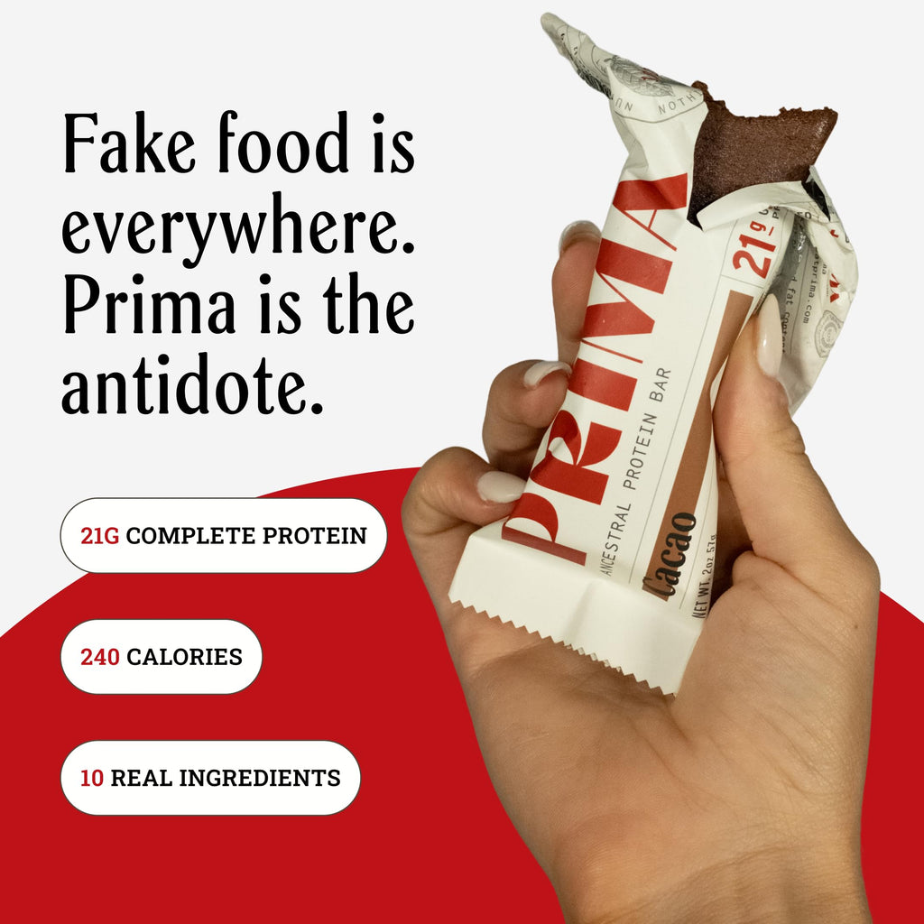Prima Ancestral Protein Bar | 21g Grass Fed Whey + Collagen | Beef Tallow, Raw Honey | Seed Oil Free | Cacao - 7 Pack