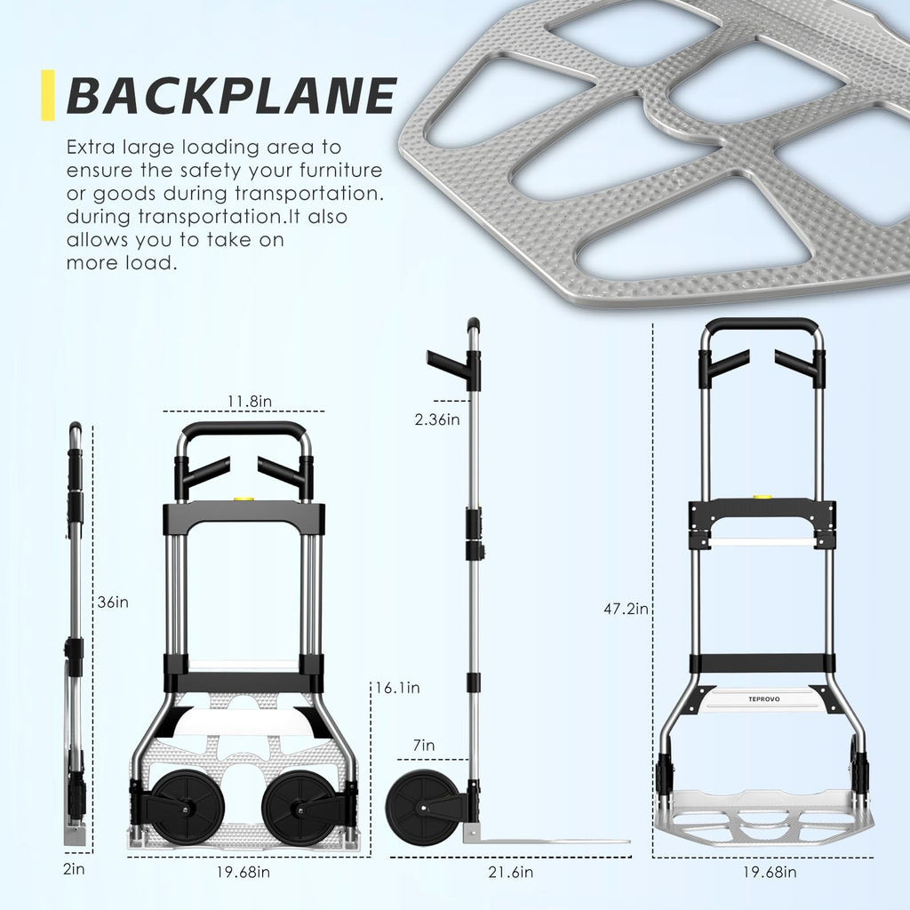 Teprovo Folding Hand Truck Dolly Cart,340LB Capacity Portable Aluminum Dolly Cart with Telescoping Handle and 7 Inch Rubber Wheels for Moving,Shopping,Travel,Office Use