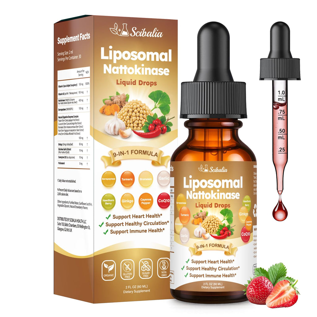 Nattokinase 10800 FU Supplement Liquid Drops, Ultimate 9-in-1 Natto -kinase Serrapeptase Enzyme Blend w. Bromelain Curcumin CoQ10 K2 MK7 for Circulatory Heart & Digestive Spike, Liposomal Tech