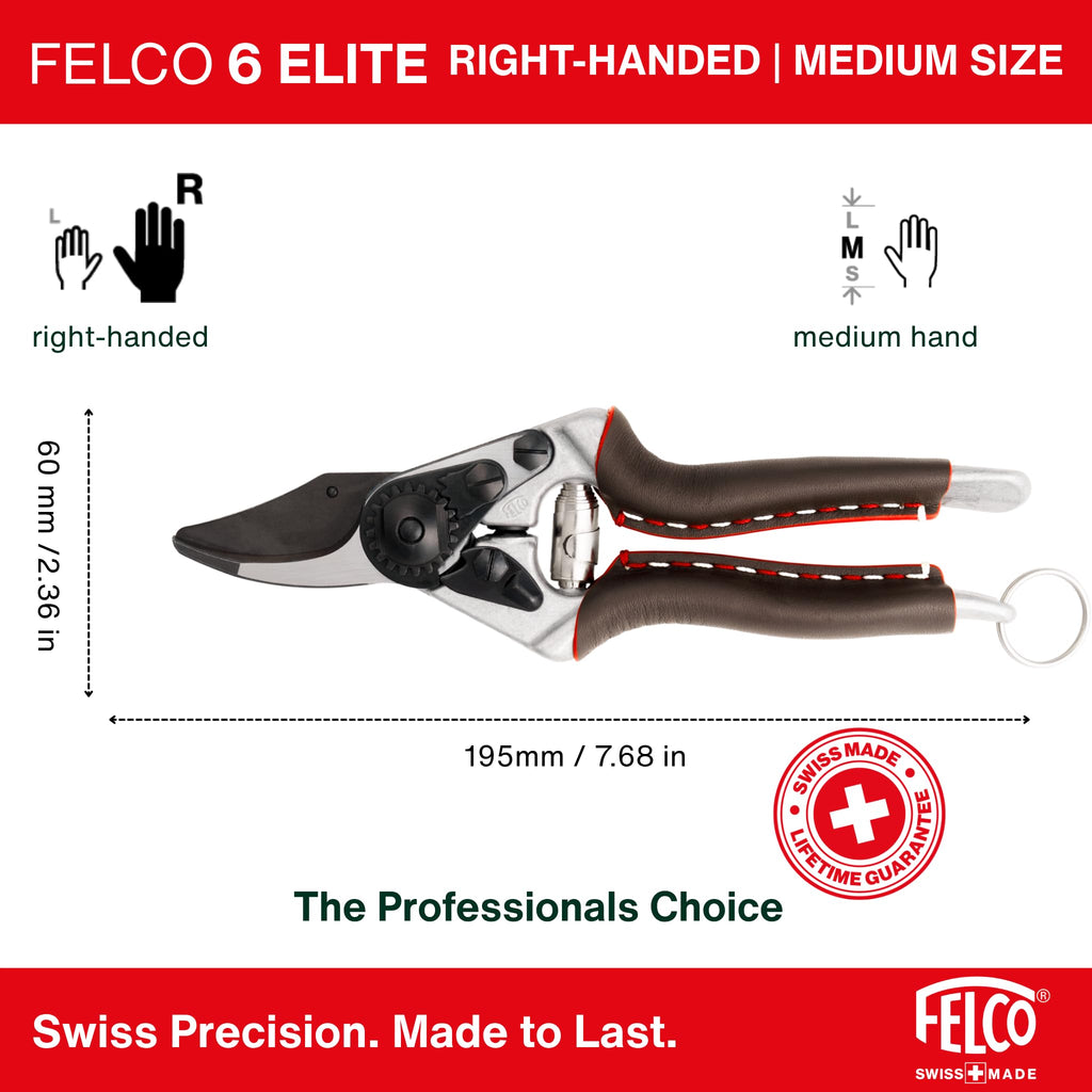 FELCO 6 ELITE Pruning Shears – 7.7" Swiss-Made Garden Clippers with Leather-Wrapped Handle for Medium Right Hands | Hand Pruners for Gardening | Garden Tool Cutter with Bypass Blade, Aluminum Body