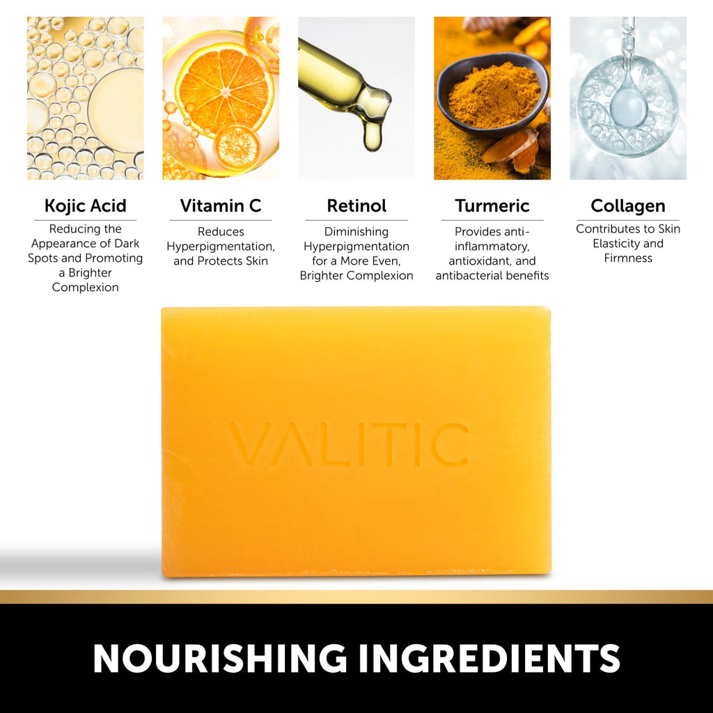VALITIC Kojic Acid Dark Spot Remover Soap with Turmeric, Vitamin C, Retinol - Original Japanese Complex with Hyaluronic Acid, Vitamin E, Shea Butter, Castile Olive Oil - 2 Pack and African Net Sponge