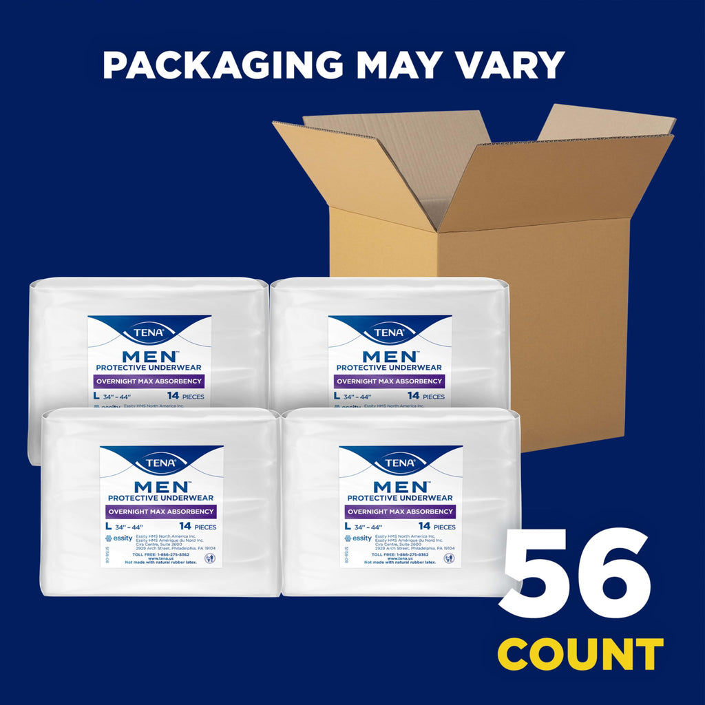 Tena Men Protective Incontinence Underwear Overnight Max Absorbency, L, 56 Count (Waist Size 34in-44in)