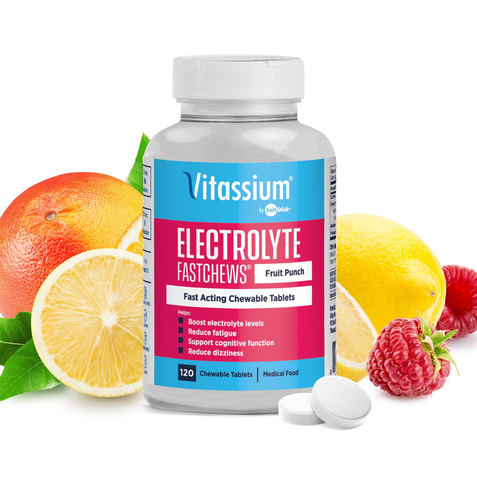 Vitassium FastChews, Chewable Electrolyte Tablets for Management of POTS and High Sodium Diets, Fast-Acting Sodium Tablets, Fruit Punch, 120 Count