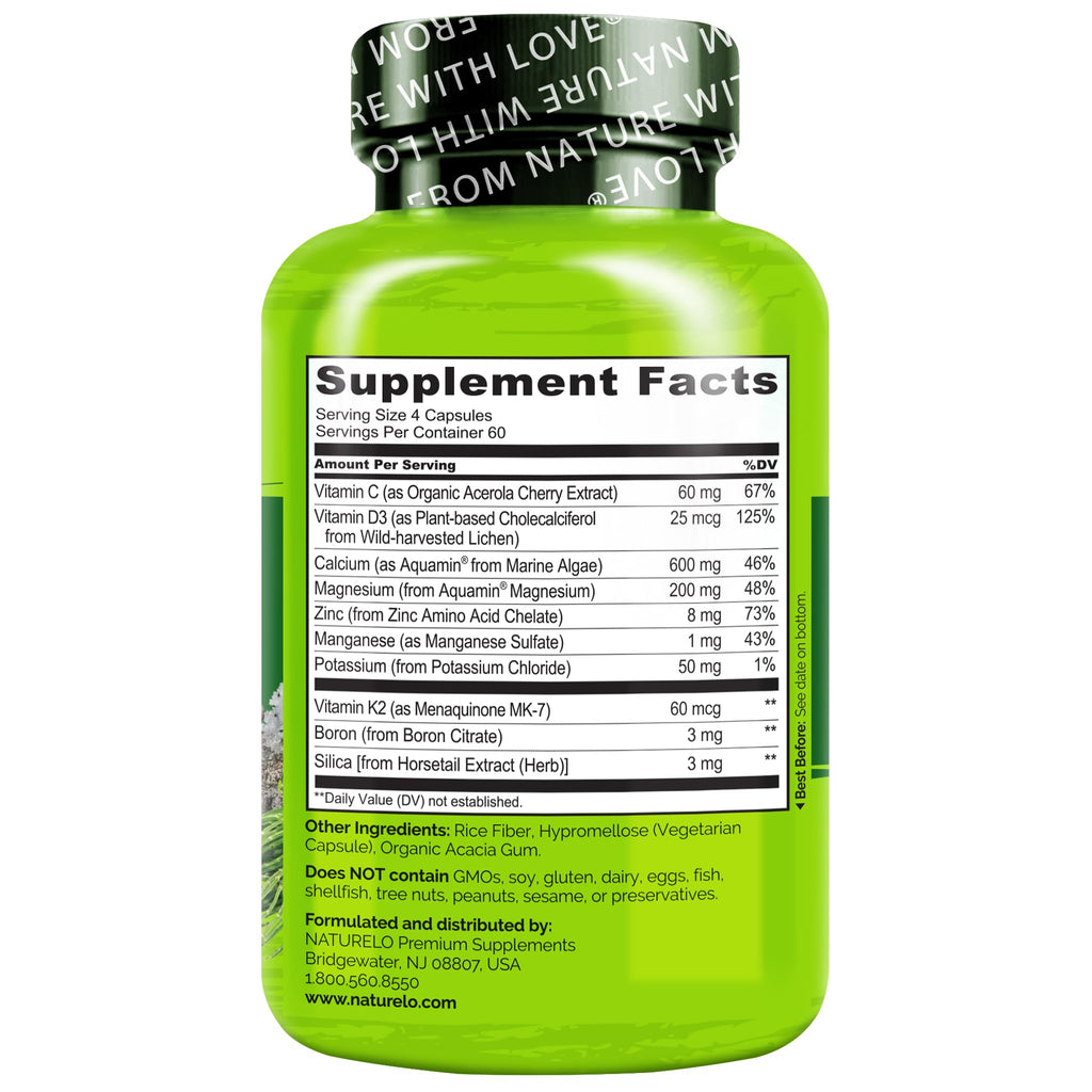 NATURELO Calcium Supplement - with Vitamin C, Vitamin D3, K2, and Calcium Magnesium Zinc for Bone Strength with Calcium 600mg - Plant-Based, 240 Vegetarian Capsules, Non-GMO, Soy & Gluten-Free