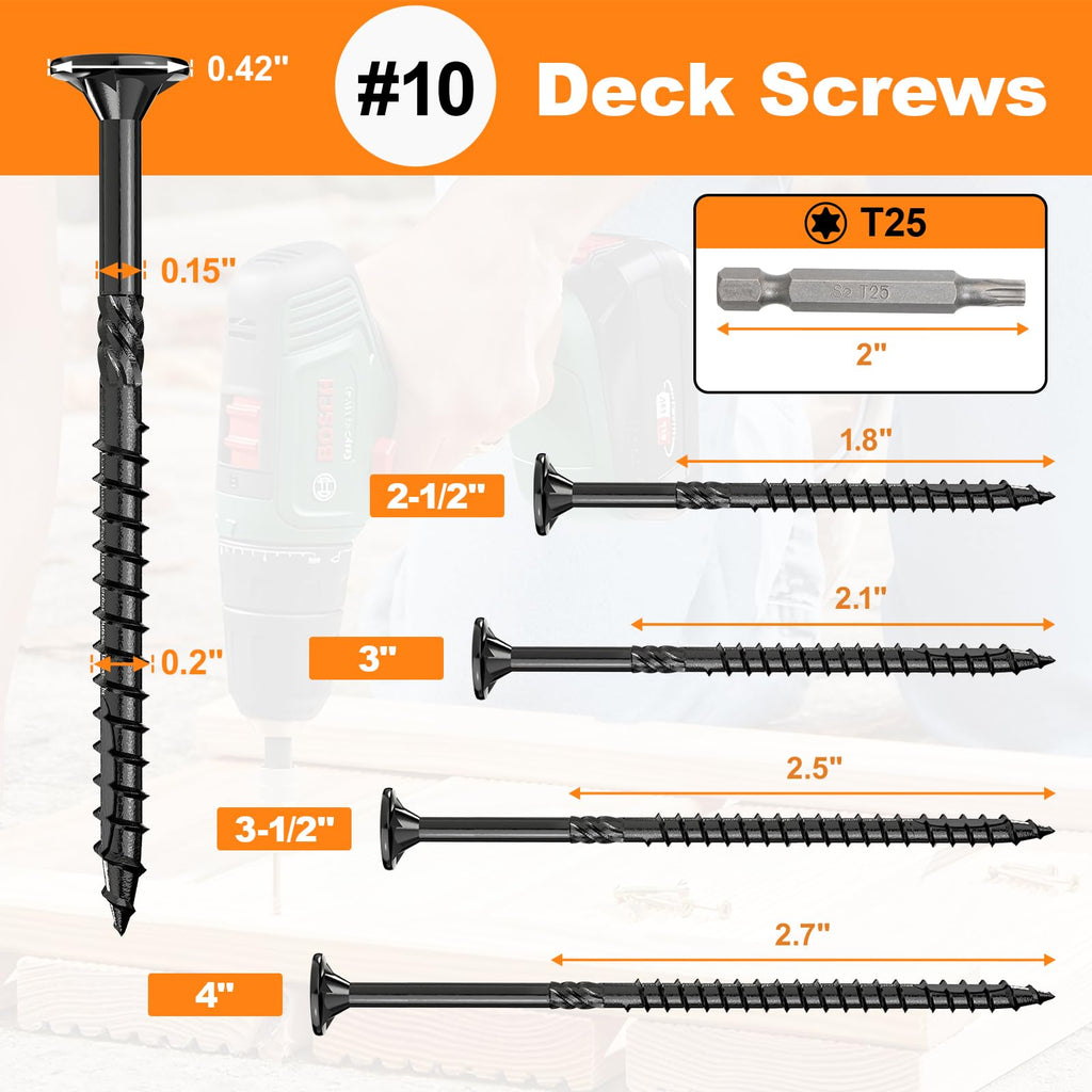 #10 x 3-1/2” Deck Screws, 500Pcs Star Drive Wood Screws, Rust Resistant Timber Screws for Timber/Log/Landscaping Wood, T25 Star Bit Included, Black