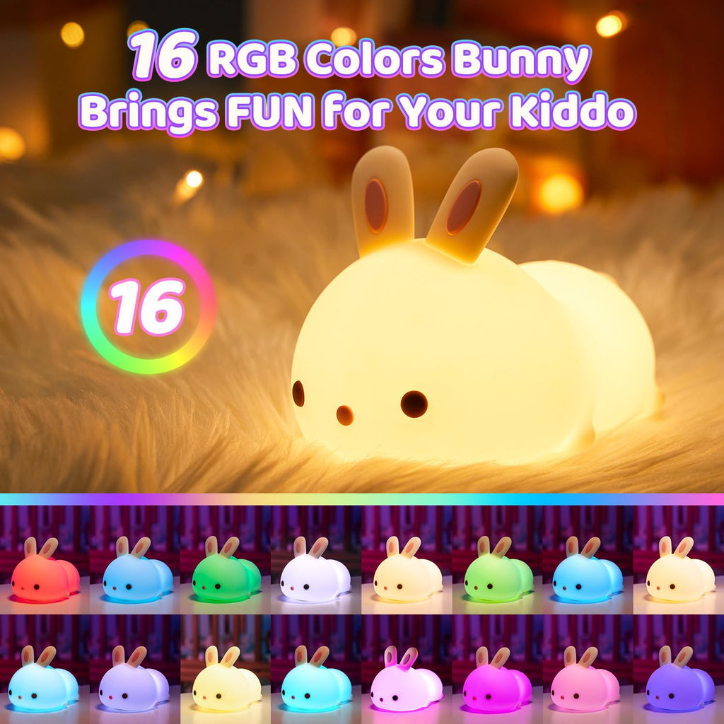 Kawaii Bunny Toys for Girls Gifts, 16-Color Silicone Night Light Cute Lamp