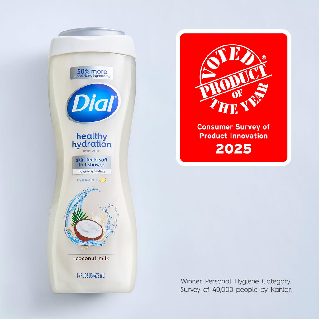 Dial Body Wash, Healthy Hydration, Coconut Milk + Vitamin E, 16 fl oz (Pack of 4), Gentle, Leaves Skin Feeling Soft In 1 Shower, Dermatologist-Tested, No Parabens & Silicones