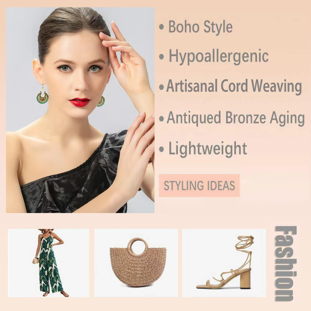 Boho Vintage Rope Handwoven Teardrop Dangle Earrings for Women Dangling,Handmade Bronze Carving Green Braided Handcrafted Drop Summer Ethnic Thread Filigree Statement Earings, Indian Long Earrings,fashion Accessories Dainty Jewelry Gifts.