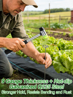 12 Inch Landscape Staples with Hook & Hammer - 60pcs Circle Top Weed Barrier Stakes Kit, 9 Gauge Galvanized Rust-Resistant Garden Fabric Pins, for SOD, Garden Edging, Install & Remove Tools Included