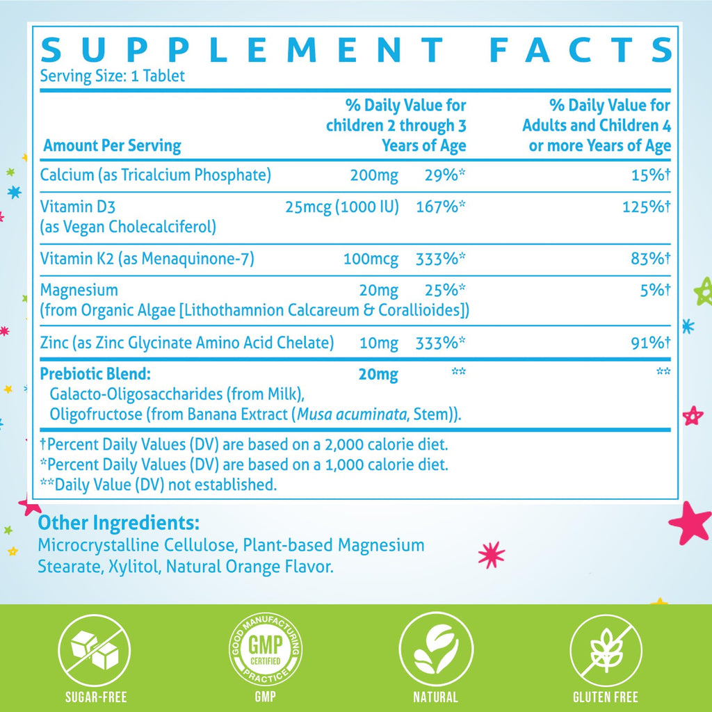 500 MG Calcium Supplement with Vitamin D3 & K2, Zinc, Magnesium & Prebiotics. Kids Vitamins for Kids' Height. Bone Strength, High Absorption, Orange Chewables, Gluten Free, 120 Tabs