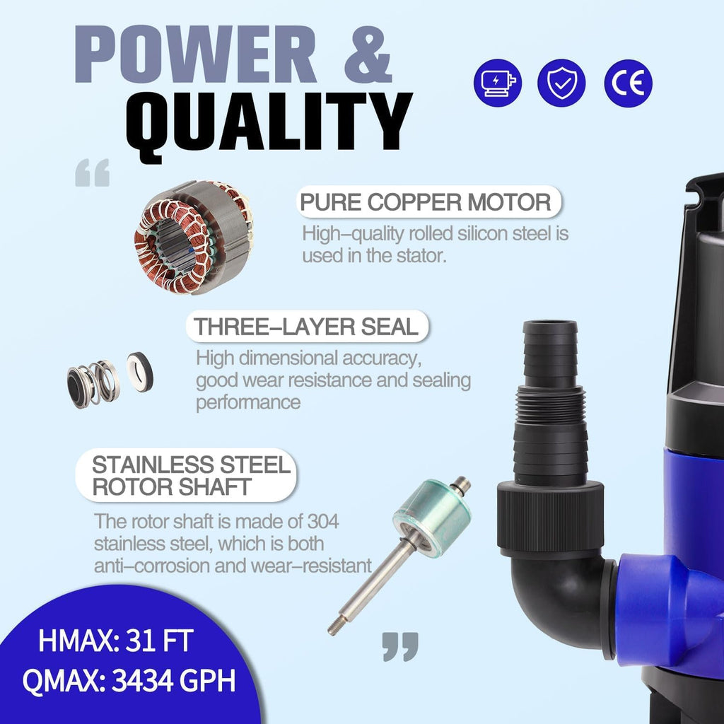 MEDAS 1HP 3434 GPH Sump Pump Submersible Clean/Dirty Water Pump Portable Utility Pump with 16.4ft Cord for Swimming Pool Garden Basement Tub Pond Draining