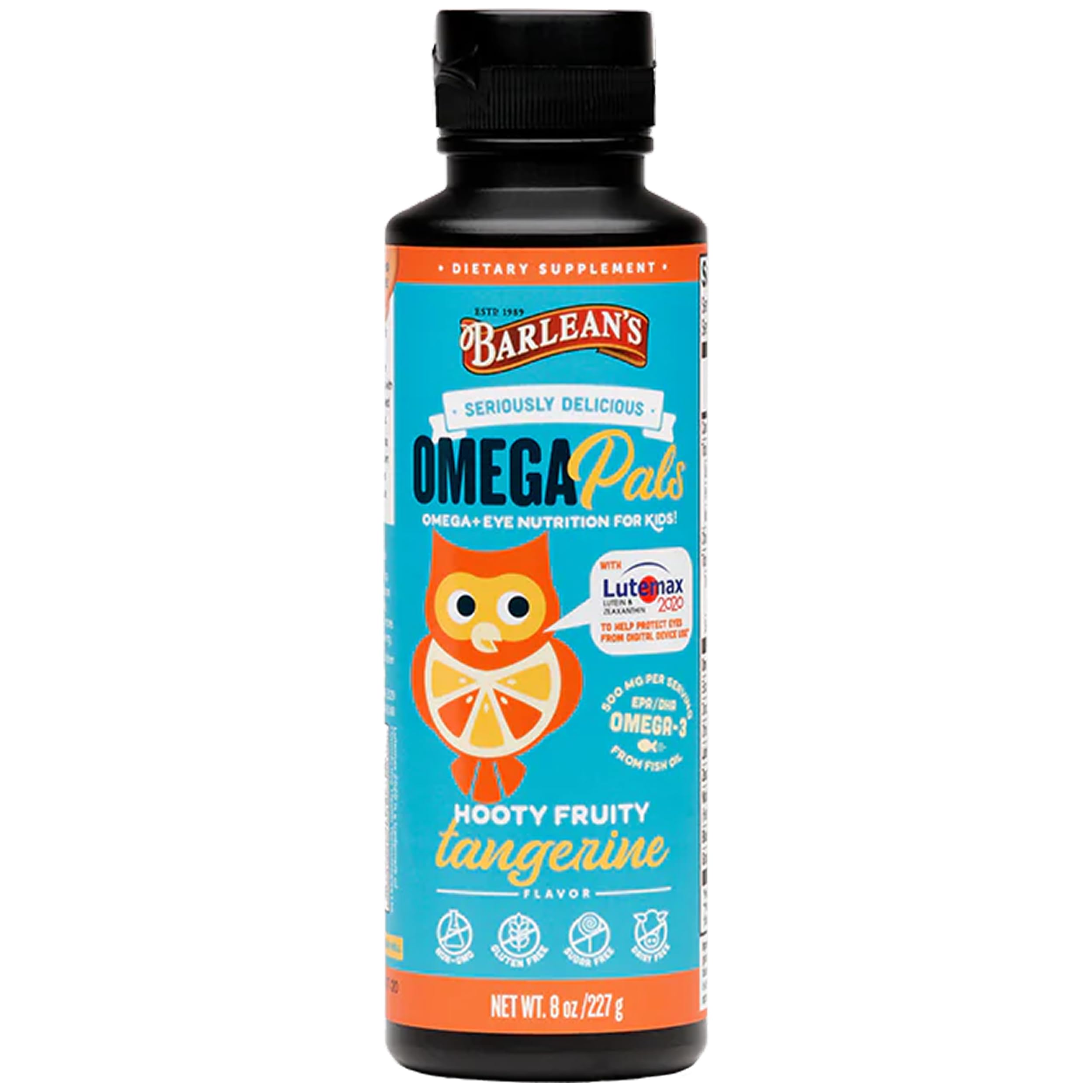 Barlean's Omega Pals Eye Health Liquid, Tangerine Flavored Omega 3 for Kids, Fish Oil Supplement with 500 mg of EPA & DHA Plus Lutein & Zeaxanthin Vitamins for Blue Light Support, 8 oz
