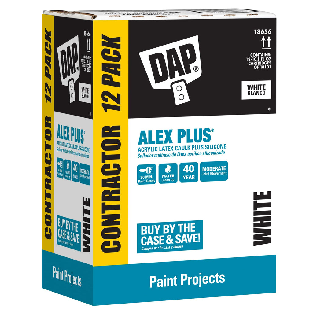 DAP Alex Plus Acrylic Latex Caulk, White, 10.1 Oz, 12 Pack (7079818152)
