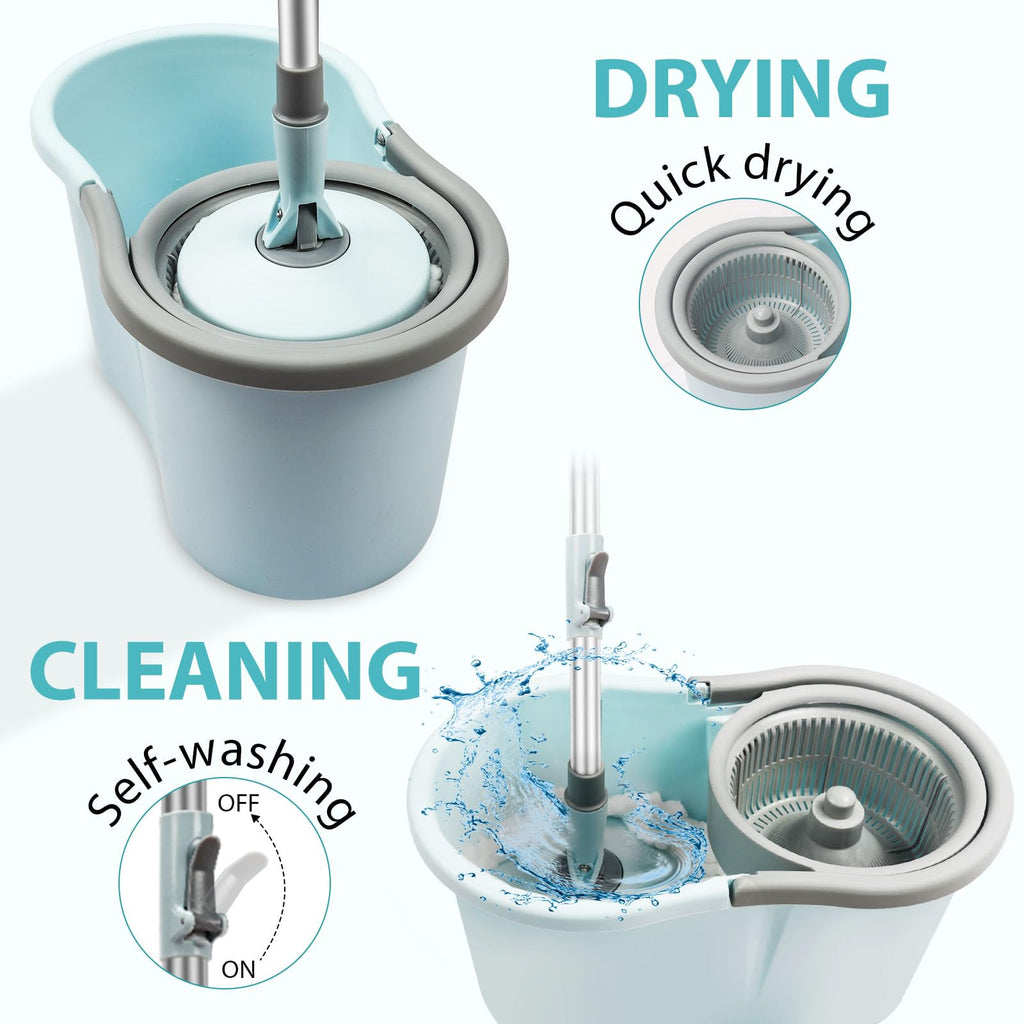 Spin Mop and Bucket with Wringer Set, 360° Spinning Mop Bucket System with 3 Microfiber Mop Replacement Heads, Adjustable Handle for Floor Cleaning (Light Blue)