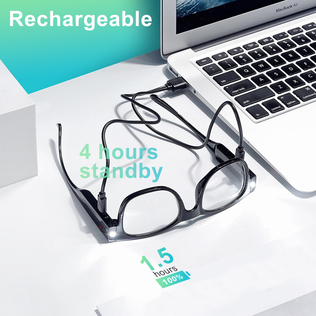 SKYWAY Reading Glasses Lighted Rechargeable Magnifying LED Readers with Lights Eyewear Clear Vision Unisex（1.5X）
