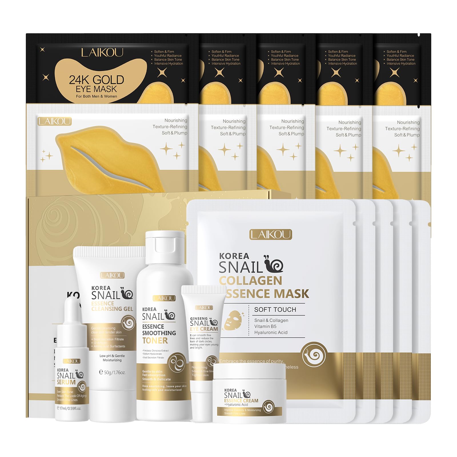 LAIKOU Korean Skin Care, Skin Care Set, Face Mask, Eye Mask, Lip Mask with Cleansing Gel, Toner, Eye Cream, Serum, Essence Cream for Women Teen Girls Mom Daughter Mother's Day Christmas Birthday