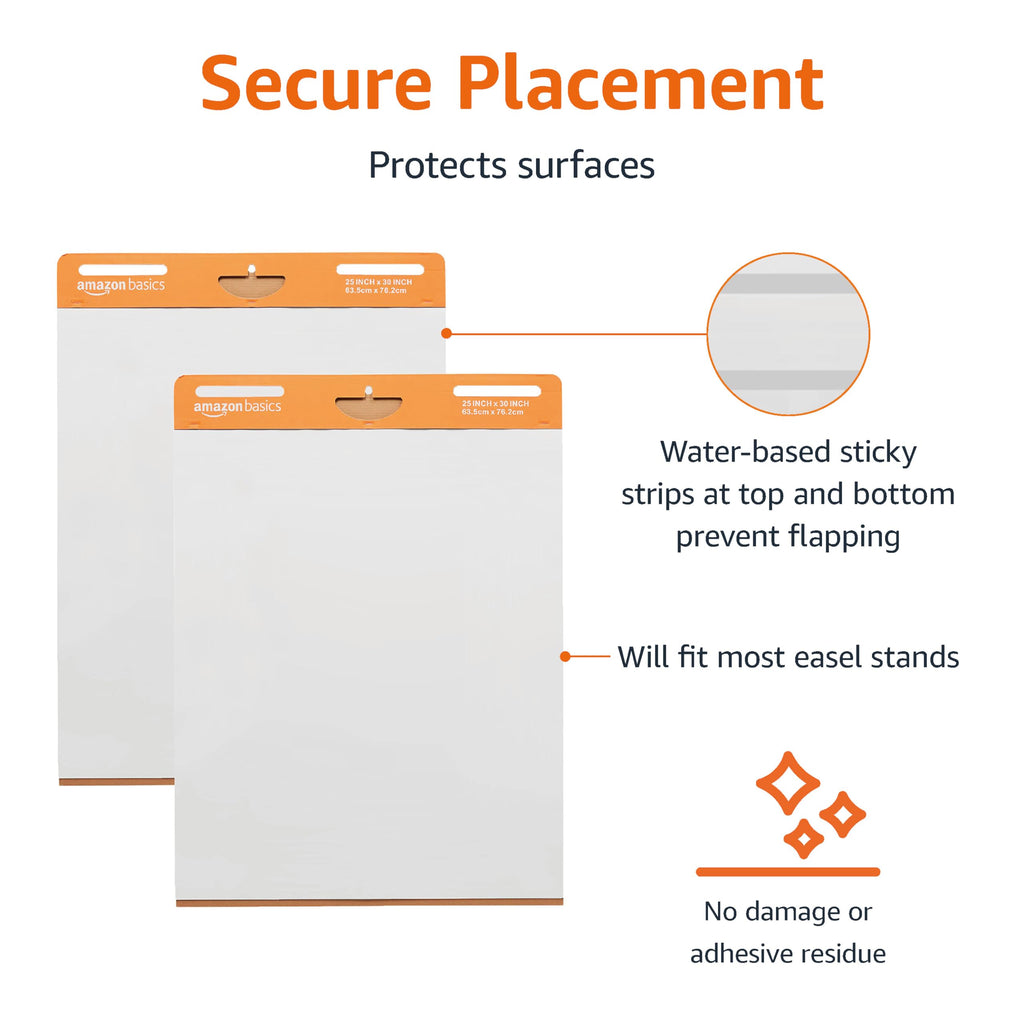 Amazon Basics Sticky Easel Pads for Presentations, Brainstorming, Classroom Use, Bleed-Resistant, Easy to Hang, 25 x 30 in, White, 2-Pack