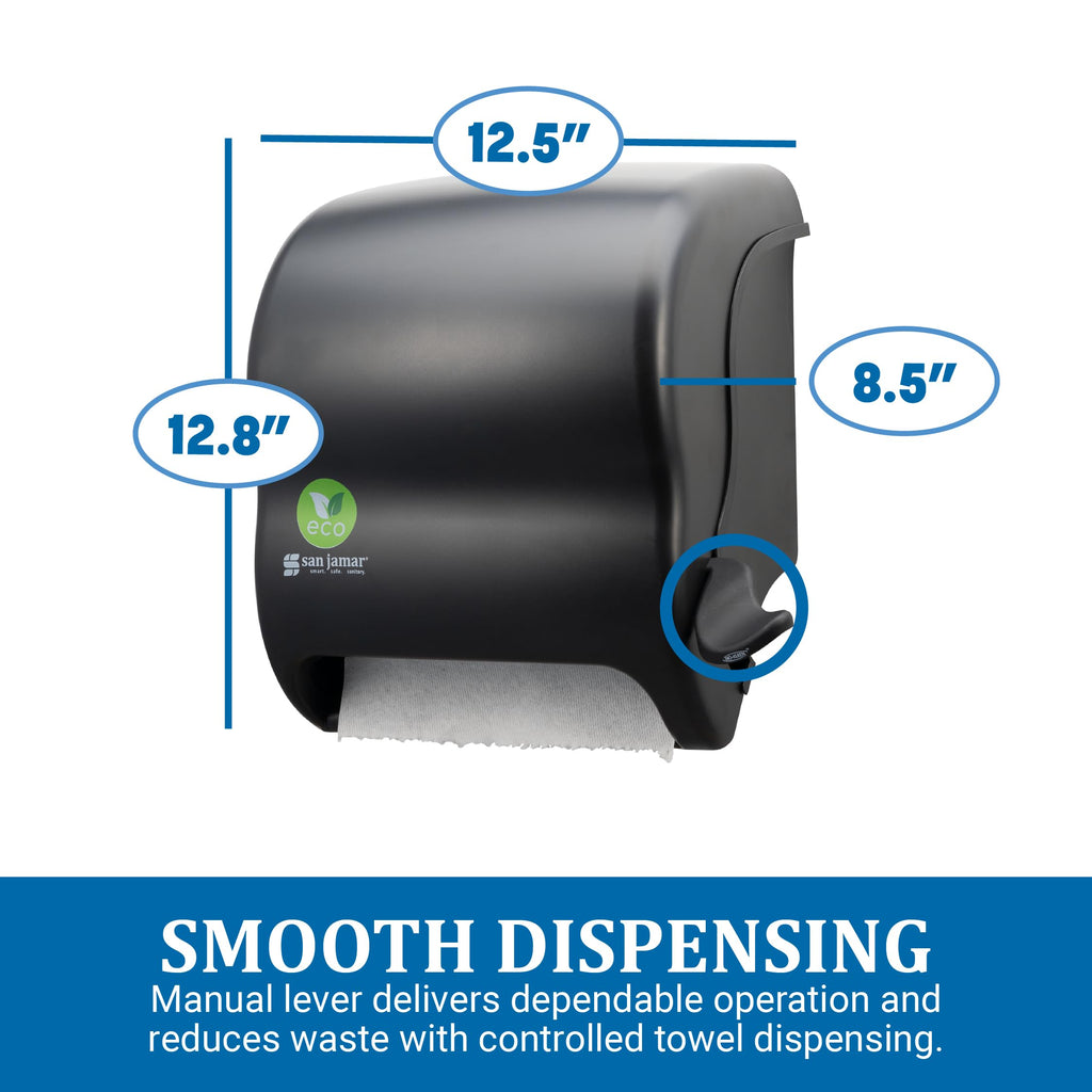 San Jamar Ecologic Element Recycled Plastic Lever Paper Towel Dispenser, Manual Towel Dispenser, Wall Mounted Dispenser with Zero Waste for Home and Business, 8 Inch Rolls, Black