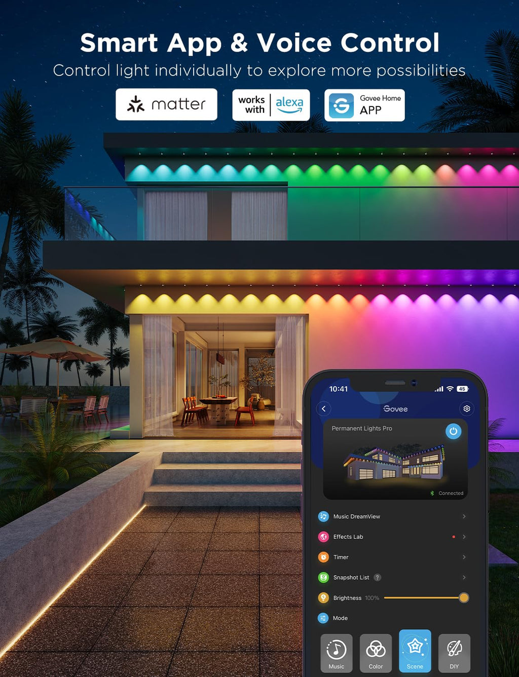 Govee Permanent Outdoor Lights Pro, 100ft with 60 RGBIC LED Lights for Daily and Accent Lighting, 75 Scene Modes for Outdoor Decor, IP67 Waterproof, Works with Alexa, Google Assistant, Matter, White