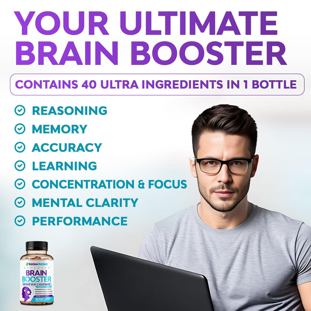 40-in-1 Brain Booster Supplements for Memory, Focus, Clarity, Energy, Performance | Natural Nootropic Brain Support Supplement with DMAE, Bacopa Monnieri & More | For Men & Women | 120 V Capsules