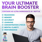 40-in-1 Brain Booster Supplements for Memory, Focus, Clarity, Energy, Performance | Natural Nootropic Brain Support Supplement with DMAE, Bacopa Monnieri & More | For Men & Women | 120 V Capsules