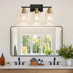Indoi 3-Light Bathroom Light Fixtures, Black and Gold Modern Vanity Lights with Clear Glass Shades, Bathroom Wall Lamp for Mirror Living Room Cabinet Bedroom Porch