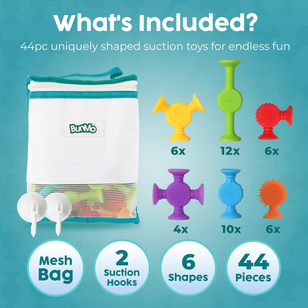 BUNMO Bath Toys Suction - Connect, Build, Create - Toddler Bath Toys - Hours of Fun & Creativity - Fine Motor Skills - Stimulating Sensory Toys - Non-Mouthable Toy 3+ - Textured 44 Pack