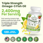 Triple Strength Omega 3 Fish Oil Supplements 2400mg | 120 Capsules, Burpless High Potency Lemon Flavor, High EPA DHA for Men & Women Ultra Pure Softgels | Joint Support, Eyes, Heart Brain Health Pills
