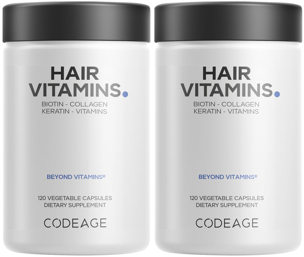 Codeage Hair Vitamins 10000 mcg Biotin, Keratin, Collagen, Vitamin A, B12, C, D3, E, Zinc, Turmeric, Probiotics, Enzymes, Inositol - Hair Care Support - Healthy Hair Supplement Pills - 2 Pack