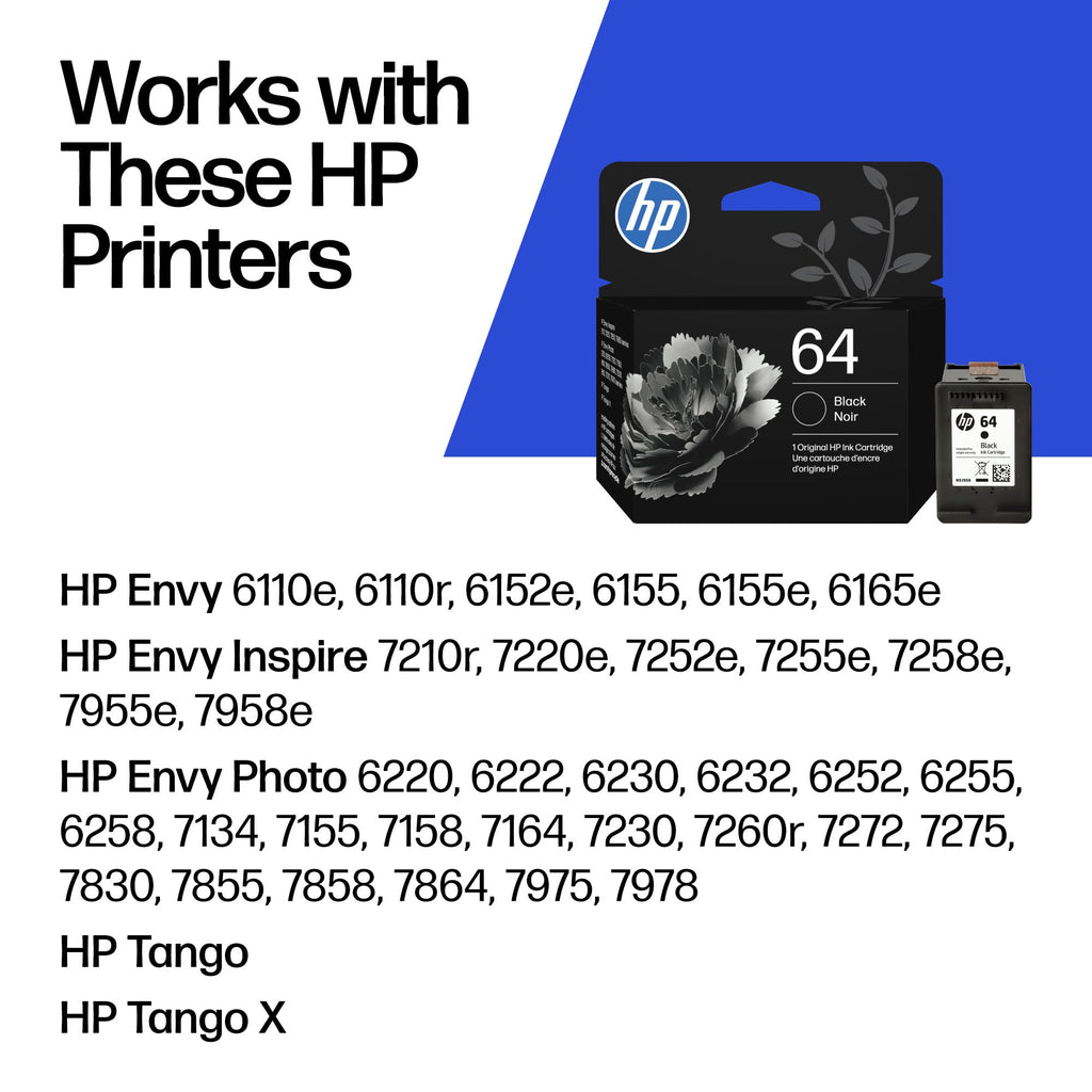 HP 64 Black Ink Cartridge | Works with Envy Inspire 7250e, 7950e, Envy Photo 6200, 7100, 7200, 7800, 7900, Tango Series | Eligible for Instant Ink | N9J90AN