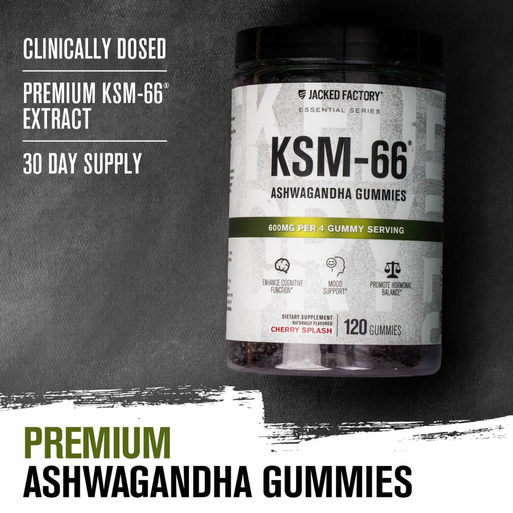 Jacked Factory Ashwagandha Gummies - KSM 66 Ashwagandha Gummies (600mg Per Serving) - Enhance Cognitive Function, Boost Mood, and Promote Hormonal Balance - 120 Gummies, Cherry Splash