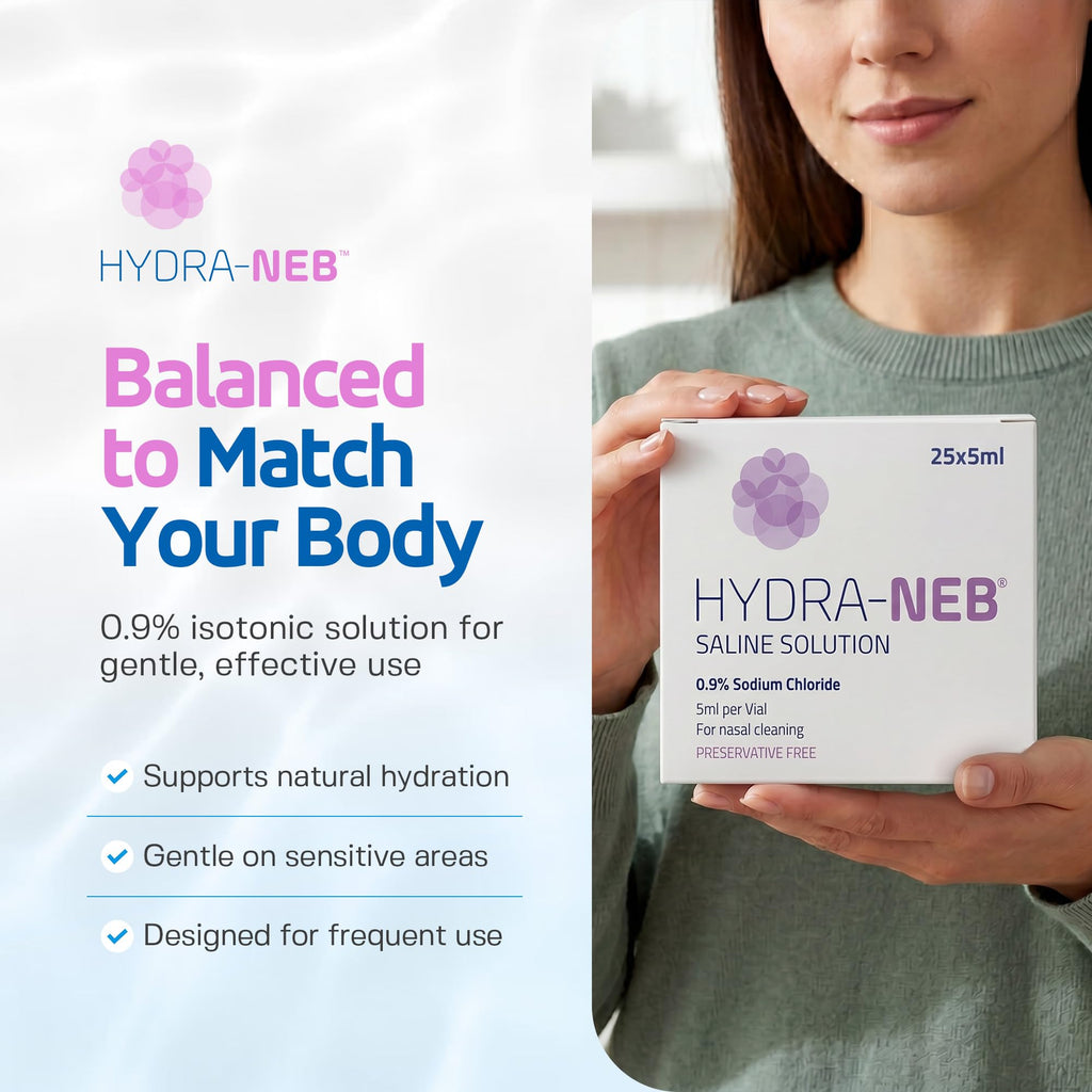Hydra-Neb 0.9% Saline Solution for Nasal Irrigation & Moisturizing of The Airways - Sodium Chloride Nose Cleanse Adults and All Ages (125 ml)