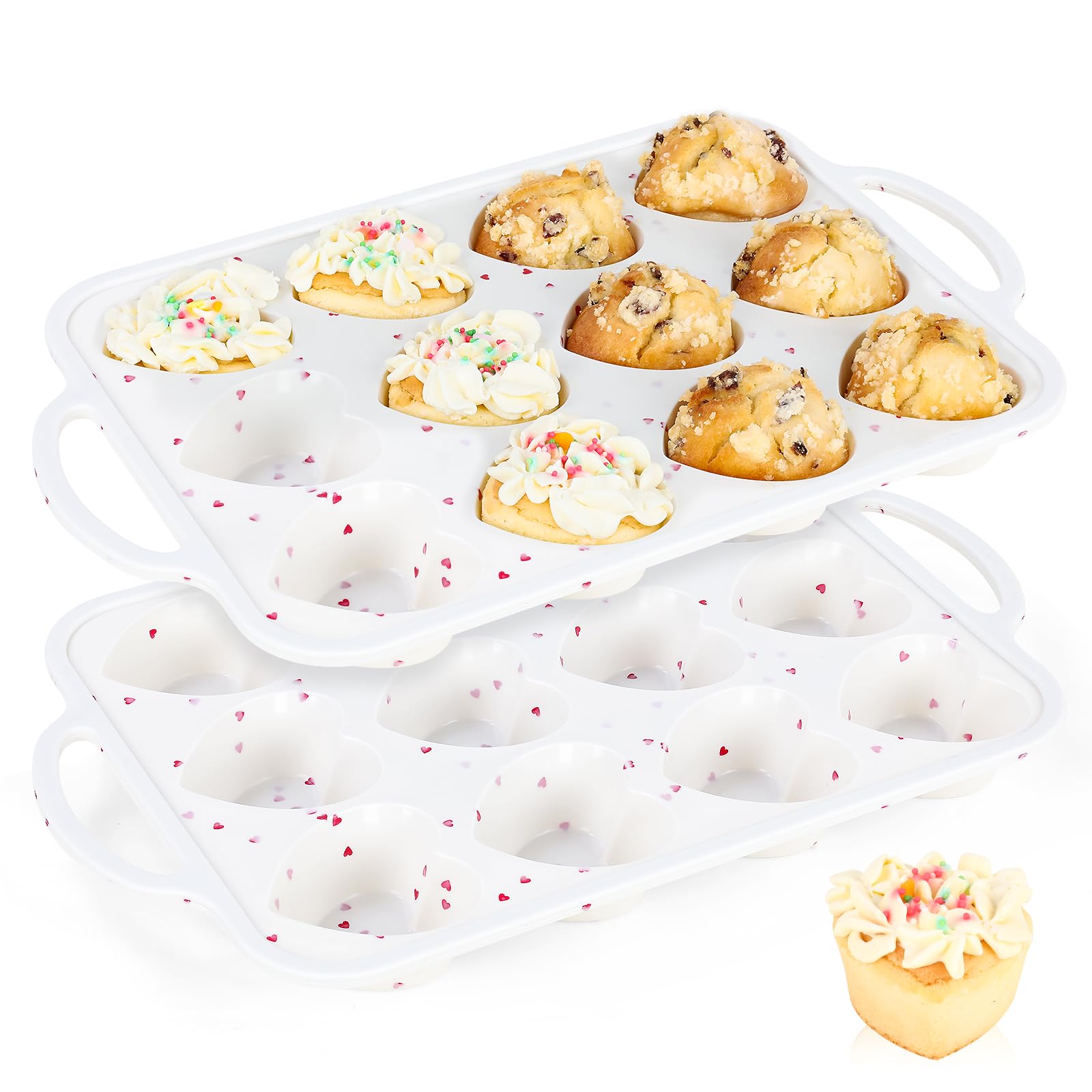 Vinino Silicone Heart Shaped Muffin Pan with Metal Reinforced Frame, 2 Pack Cupcake Pan, Silicone Heart Mold for Baking, Chocolate Bar and Egg Bites, Dishwasher Safe