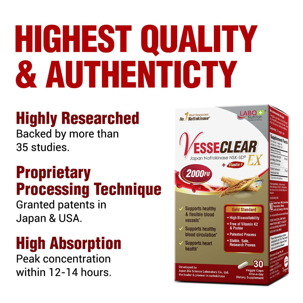 LABO Nutrition VesseCLEAR EX: Nattokinase NSK-SD+Elastin F for Clean & Flexible Blood Vessel. Japan's Most Research Proven, Functional Dose, Acid-Resistant/Delayed Release Capsules