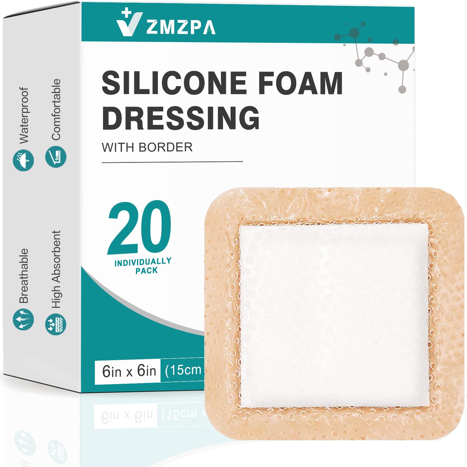 Silicone Foam Dressing 6x6 Gentle Border, Super Absorbent Wound Dressing, Bed Sore Patches, Waterproof Silicone Bandages for Wounds Care, Self Adhesive Pressure Sore Pads (20)