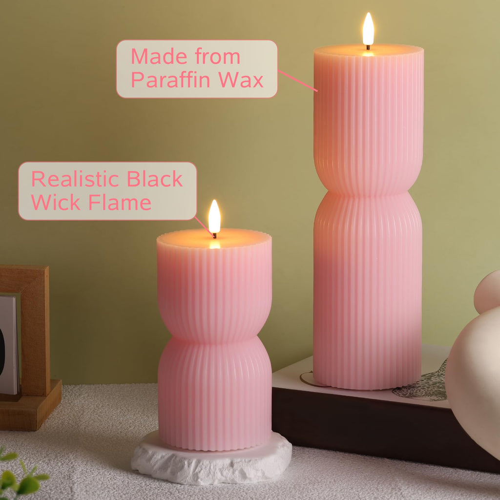 Girimax Pink Ribbed Flameless Pillar Candles with Remote, Flickering LED Candles Battery Operated Real Wax Set of 2