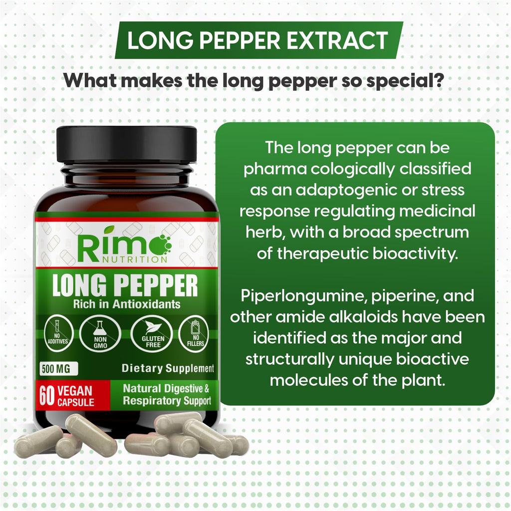 Rimo Nutrition Long Pepper 60 Vegan Capsules Natural Senolytic Supplement Agent – with Piper longumine (500mg)